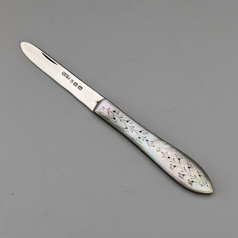 1884 年英國古董白色珍珠手柄純銀刀片小刀 Hilliard and Thomason