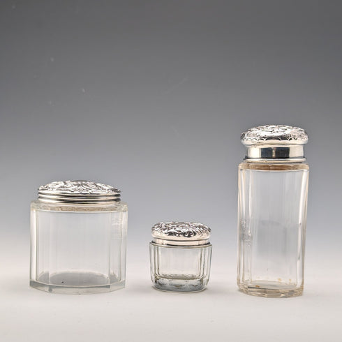 約 1903 年英國古董純銀帶蓋玻璃罐 3 件套