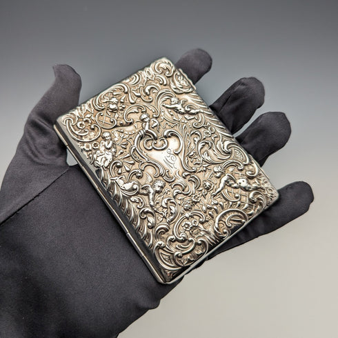 1900年 英国アンティーク 天使彫刻 両開き型 純銀カードケース 117g WILLIAM COMYNS