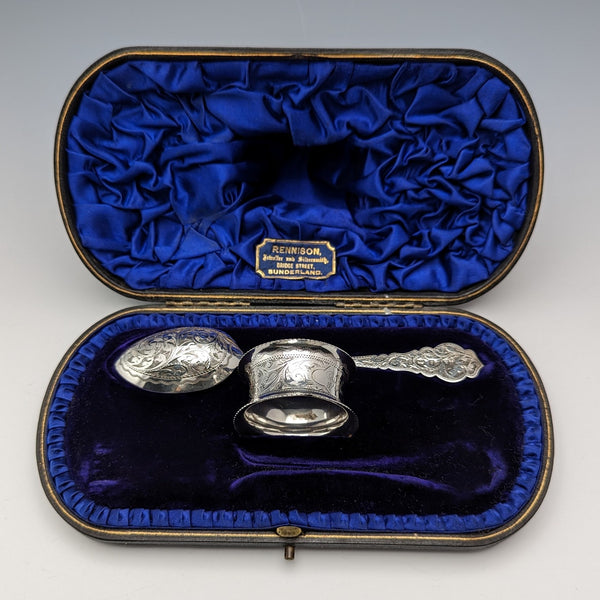 1900年頃 英国アンティーク 純銀製 スプーン、ナプキンリングセット 計36g ケース入 Hilliard and Tomason