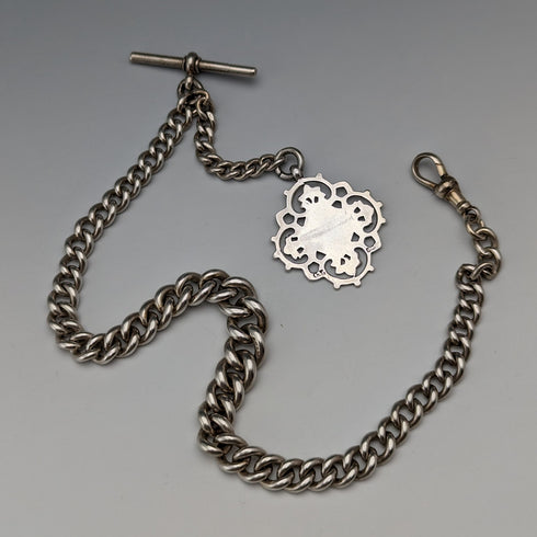 Circa 1900 British Antique Sterling Silver Albert Chain 62g Medal Fob