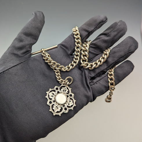 Circa 1900 British Antique Sterling Silver Albert Chain 62g Medal Fob