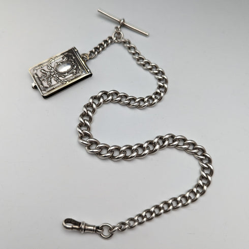 Circa 1920 British Antique Sterling Silver Albert Chain 61g Mini Album Fob