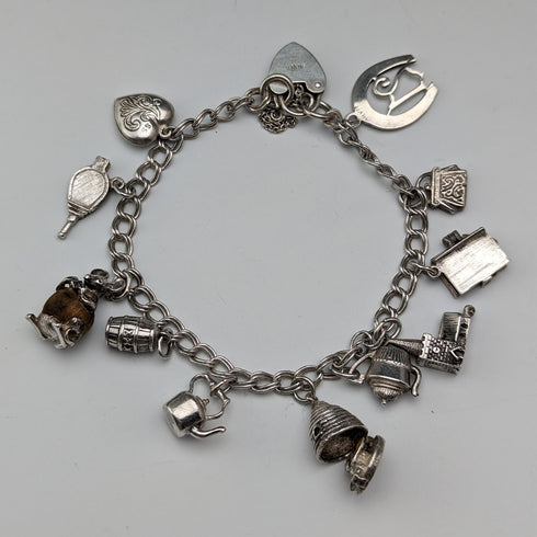British vintage sterling silver charm bracelet 37g