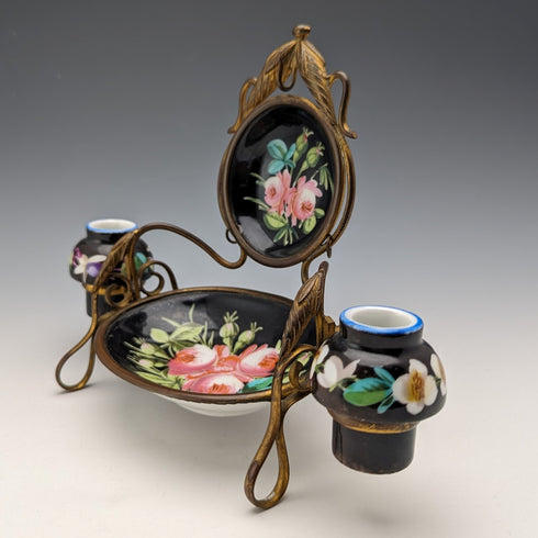 約 1900 年英國古董黃銅、陶瓷懷錶支架配件托盤