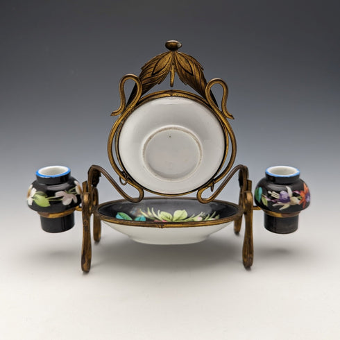 約 1900 年英國古董黃銅、陶瓷懷錶支架配件托盤