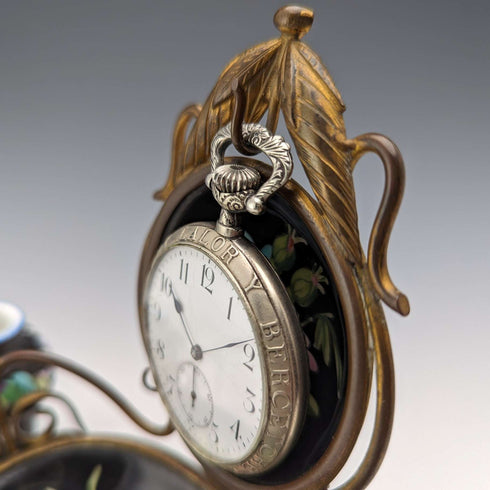 1900年頃 英国アンティーク 真鍮、陶器製 懐中時計ホルダー アクセサリートレイ