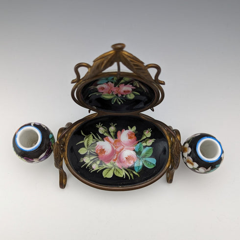 約 1900 年英國古董黃銅、陶瓷懷錶支架配件托盤