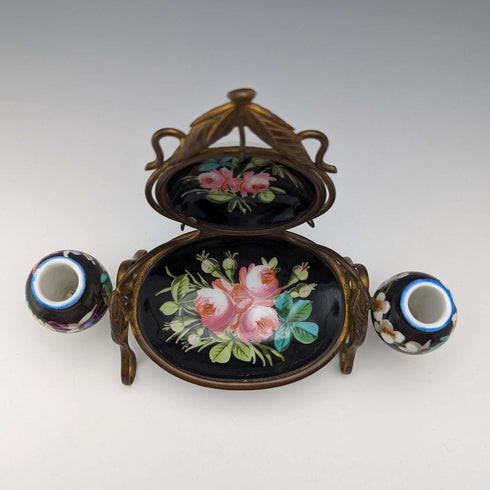 1900年頃 英国アンティーク 真鍮、陶器製 懐中時計ホルダー アクセサリートレイ