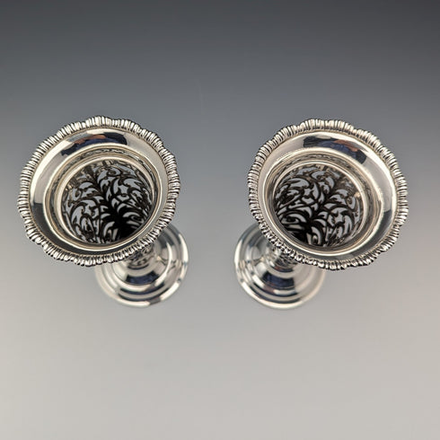 Circa 1901 British antique sterling silver vase pair with earring decoration, total weight 312g, Josiah Williams