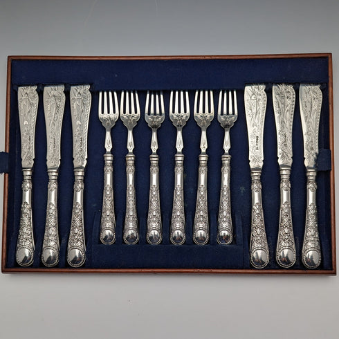 1871 British antique all-sterling silver fish cutlery set, 6 pairs, total 608g, Martin and Hall, with tray