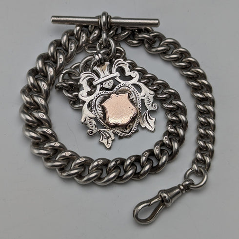 1906 British antique sterling silver Albert chain, extra thick 85g emblem fob