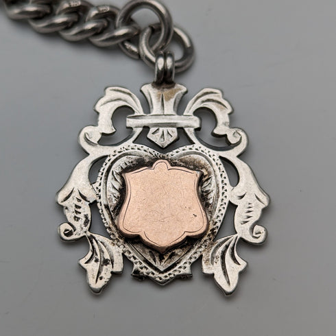 1906 British antique sterling silver Albert chain, extra thick 85g emblem fob