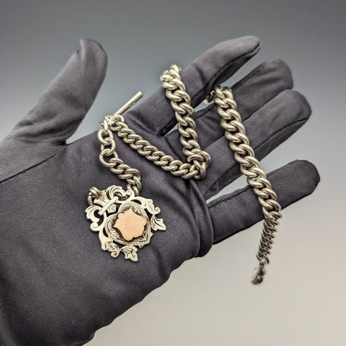 1906 British antique sterling silver Albert chain, extra thick 85g emblem fob