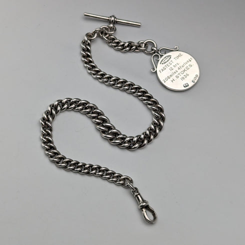 1910 British antique sterling silver Albert chain, extra thick 65g medal fob
