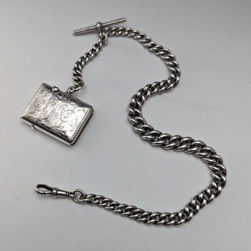 Circa 1900 British antique sterling silver Albert chain, extra thick 74g, Vesta case