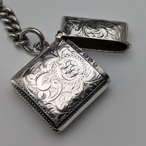 Circa 1900 British antique sterling silver Albert chain, extra thick 74g, Vesta case