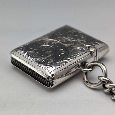 Circa 1900 British antique sterling silver Albert chain, extra thick 74g, Vesta case