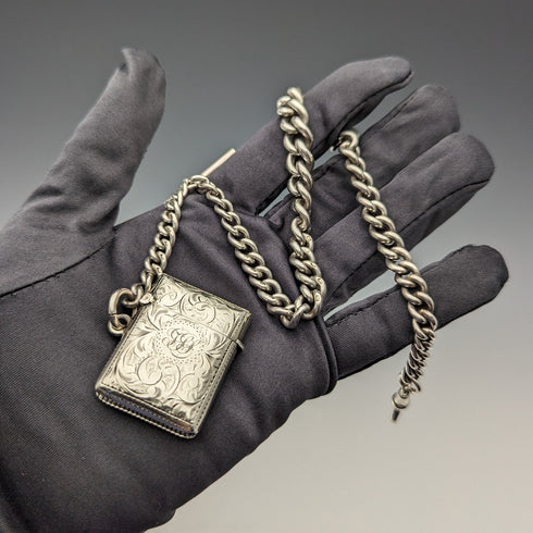 Circa 1900 British antique sterling silver Albert chain, extra thick 74g, Vesta case