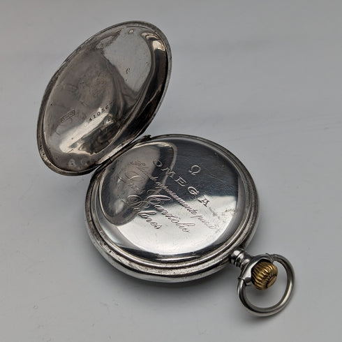 1910年頃 アンティーク オメガ 懐中時計 銀側ハンターケース 動作良好