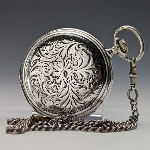 1908年頃 アンティーク ロンジン 懐中時計 彫刻銀側ハンターケース 動作良好 チェーン付