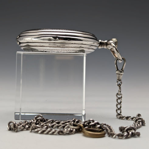 1908年頃 アンティーク ロンジン 懐中時計 彫刻銀側ハンターケース 動作良好 チェーン付