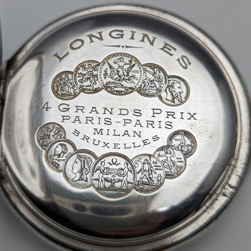 1908年頃 アンティーク ロンジン 懐中時計 彫刻銀側ハンターケース 動作良好 チェーン付