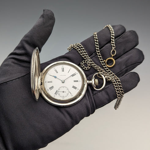 1908年頃 アンティーク ロンジン 懐中時計 彫刻銀側ハンターケース 動作良好 チェーン付