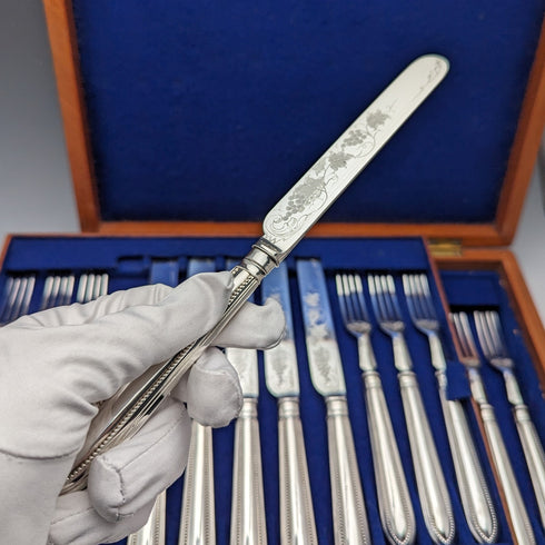 約 1870 年英國古董鍍銀水果餐具 12 對套裝木盒裝