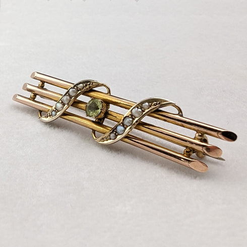 アンティーク 9ctゴールド製ブローチ グリーンストーン&パール