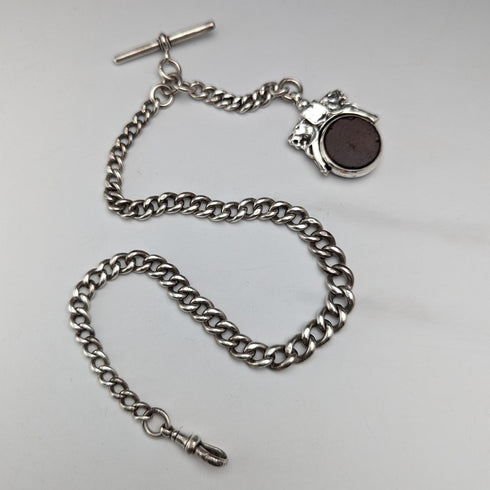 Circa 1900 British antique sterling silver Albert chain, 56g, large two-tone rotating fob