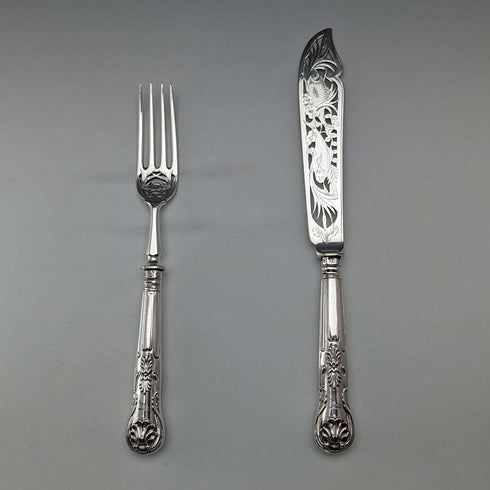 1836 年英國古董純銀手柄魚餐具一對埃爾金頓