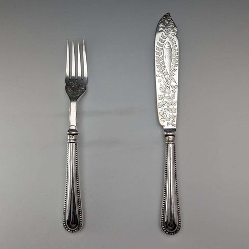 約 1865 年英國古董純銀柄魚餐具一對 JB
