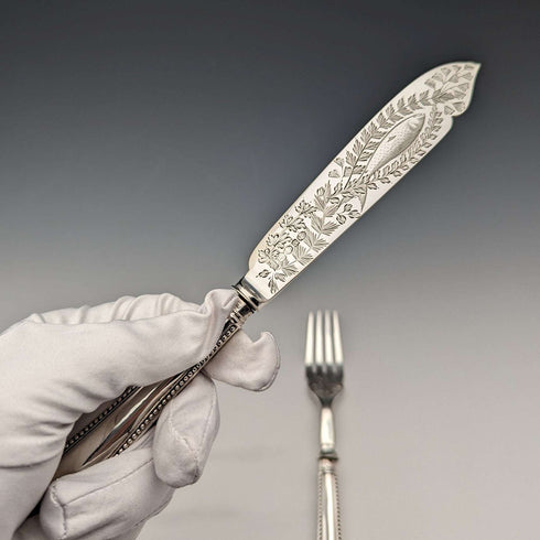 約 1865 年英國古董純銀柄魚餐具一對 JB
