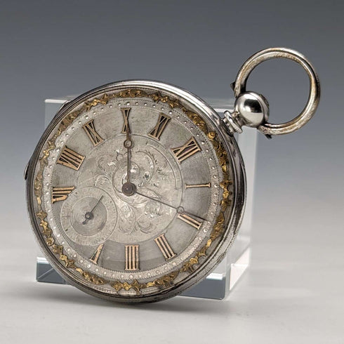 1880年頃 アンティーク Bauer 装飾ダイヤル 鍵巻き 懐中時計 銀側 直径44mm 稼働品 訳あり