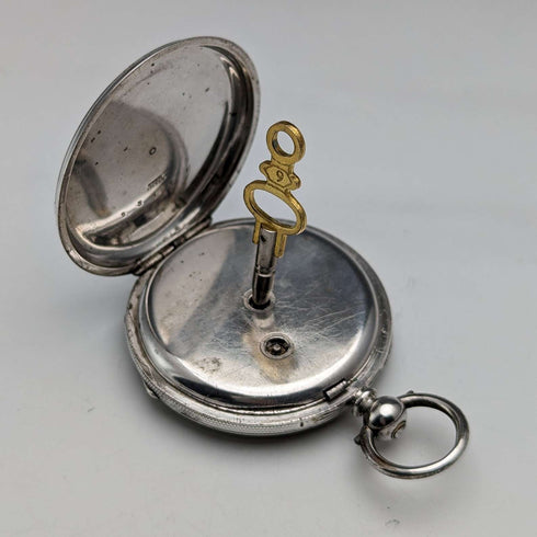 1880年頃 アンティーク Bauer 装飾ダイヤル 鍵巻き 懐中時計 銀側 直径44mm 稼働品 訳あり