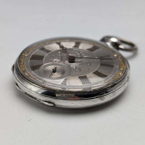 1880年頃 アンティーク Bauer 装飾ダイヤル 鍵巻き 懐中時計 銀側 直径44mm 稼働品 訳あり