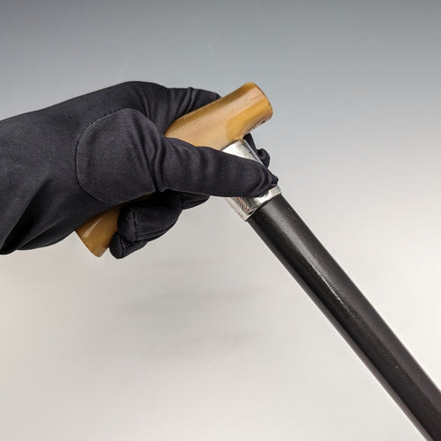 古董男士手杖角手拿包手柄黑軸純銀裝飾 90 厘米