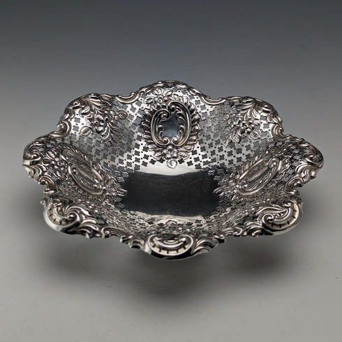 1895 British antique sterling silver floral dish, 111g, James Dixon & Sons
