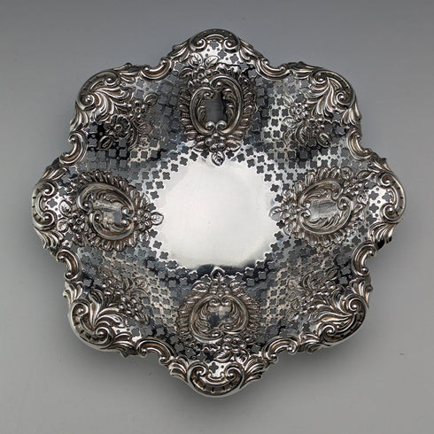 1895 British antique sterling silver floral dish, 111g, James Dixon & Sons