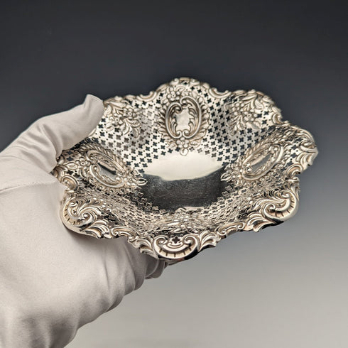 1895 British antique sterling silver floral dish, 111g, James Dixon & Sons