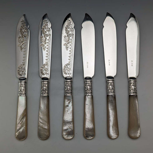 約 1900 年英國古董白色珍珠手柄甜點餐具 6 副套裝木盒裝