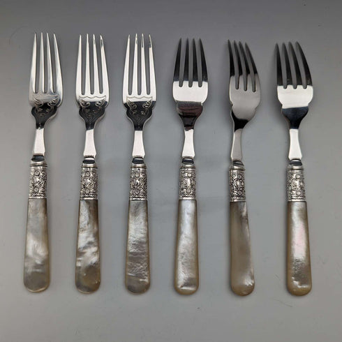約 1900 年英國古董白色珍珠手柄甜點餐具 6 副套裝木盒裝
