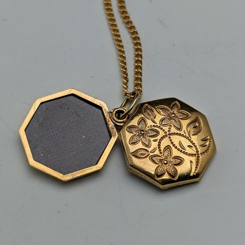British vintage 9ct gold octagon locket pendant necklace