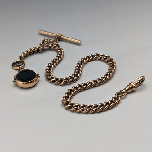 英国アンティーク 金張りアルバートチェーン 9ctゴールド2色回転フォブ