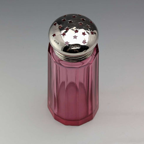 1910 British antique cranberry glass sugar caster with pure silver lid, Hukin & Heath