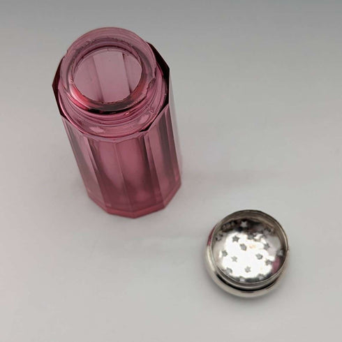 1910 British antique cranberry glass sugar caster with pure silver lid, Hukin & Heath