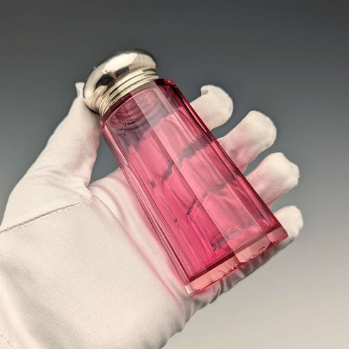 1910 British antique cranberry glass sugar caster with pure silver lid, Hukin & Heath