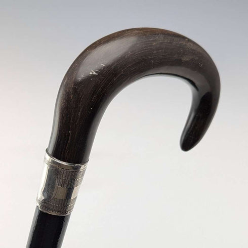 約 1910 年英國古董男士純銀裝飾牛角手柄手杖 91 厘米