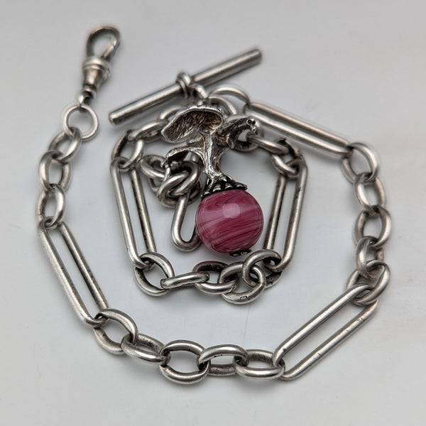 1900年頃 英国アンティーク 純銀製アルバートチェーン 46g 純銀イーグル&天然石フォブ
